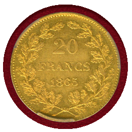 ベルギー 1865年 20フラン 金貨 レオポルド1世 PCGS AU55