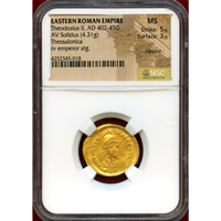 東ローマ帝国 402-450年 ソリダス 金貨 テオドシウス2世 MS 5/5,3/5