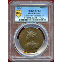 【SOLD】イギリス 1713年 銅メダル アン女王 ユトレヒト条約締結記念 PCGS SP63