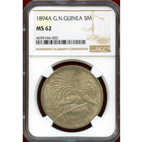 独領ニューギニア 1894A 5マルク 銀貨 極楽鳥 NGC MS62