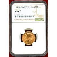【SOLD】スイス 1949B 20フラン 金貨 アルプスの少女 NGC MS67