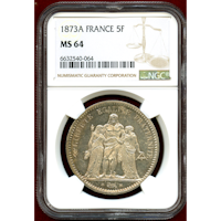 フランス 1873A 5フラン銀貨 ヘラクレスと女神立像 NGC MS64
