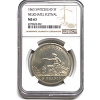 スイス 射撃祭 1863年 5フラン 銀貨 ヌーシャテル NGC MS63