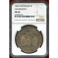 スイス 連邦射撃祭 1842年 4フランケン 銀貨  グラウビュンデン NGC MS64