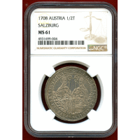 オーストリア ザルツブルク 1708年 1/2ターラー 銀貨 NGC MS61
