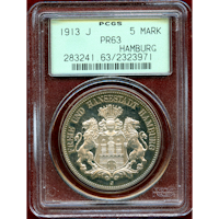 【SOLD】ドイツ ハンブルク 1913J 5マルク 銀貨 都市紋章 PCGS PR63
