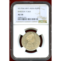 インド ヴァドーダラー VS1954(1897)年 1ルピー 銀貨 NGC AU58