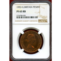 【SOLD】イギリス 1953年 ペニー 銅貨 エリザベス2世 NGC PF65RB
