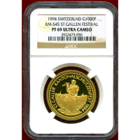 スイス 現代射撃祭 1994年 1000フラン 金貨 ザンクトガレン NGC PF69UC