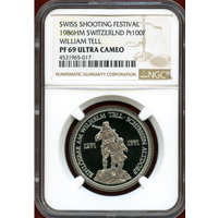 スイス 現代射撃祭 1986年 100フラン プラチナ貨 ウーリ NGC PF69UC