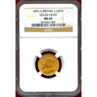 【SOLD】イギリス 1893年 1/2ソブリン 金貨 ヴィクトリア オールドヘッド MS65