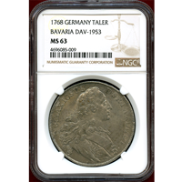 ドイツ バイエルン 1768年 ターラー 銀貨 マクシミリアン3世 NGC MS63