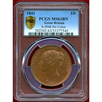 イギリス 1841年 ペニー 銅貨 ヴィクトリア ヤングヘッド PCGS MS63BN