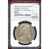 デンマーク 1863年 2リグスダラー銀貨 王位継承記念 NGC MS64