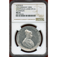 ドイツ ヴェストファ―レン 1923年 100マルク アルミ貨 緊急貨 NGC MS62