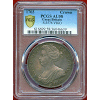 イギリス 1703年 クラウン 銀貨 アン女王 VIGO PCGS AU58