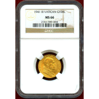 バチカン市国 1941/Ⅲ 100リレ 金貨 ピウス12世 NGC MS66