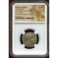 古代ギリシャ アテネ 440-404BC 4ドラクマ 銀貨 フクロウ NGC Ch XF