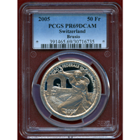 スイス 現代射撃祭 2005年 50フラン 銀貨 ブルジオ 手替わり PR69DCAM