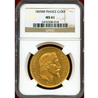 フランス 1869BB 100フラン 金貨 ナポレオン3世有冠 NGC MS61
