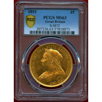 イギリス 1893年 5ポンド 金貨 ヴィクトリア オールドヘッド PCGS MS63