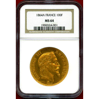【SOLD】フランス 1864A 100フラン 金貨 ナポレオン3世有冠 NGC MS64