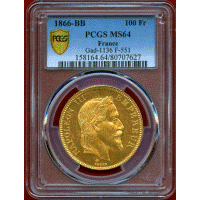 【SOLD】フランス 1866BB 100フラン 金貨 ナポレオン3世有冠 PCGS MS64
