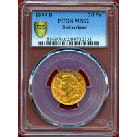 【SOLD】スイス 1899B 20フラン 金貨 アルプスと少女 PCGS MS62