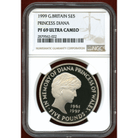 イギリス 1999年 5ポンド 銀貨 ダイアナ NGC PF69UC