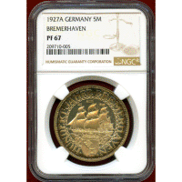 【SOLD】ワイマール共和国 1927A 5マルク 銀貨 ブレーマーハーフェン NGC PF67