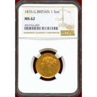 イギリス 1876年 ソブリン 金貨 ヴィクトリア ヤングヘッド NGC MS62