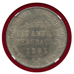 【SOLD】ドイツ アンハルトベルンブルク 1862A ターラー銀貨 城壁を歩く熊 NGC MS63