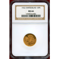 スイス 1922B 10フラン 金貨 アルプスと少女 NGC MS66