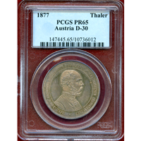 【SOLD】 オーストリア 1877年 ターラー 銀貨 ラクサルペ山荘開設記念 PCGS PR65