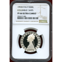 イタリア 1992R 500リレ 銀貨 コロンブスの船 NGC PF66UC