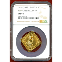 【SOLD】リヒテンシュタイン 1619(1966)年 3ダカット 金貨 クリッペ NGC MS68