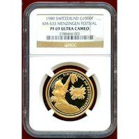 【SOLD】スイス 現代射撃祭 1989年 1000フラン金貨 メンツィンゲン NGC PF69UC