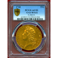 【SOLD】イギリス 1741年 5ギニー 金貨 ジョージ2世 ヤングヘッド PCGS AU53