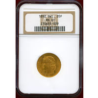 スイス 1892B 20フラン 金貨 ヘルヴェティア NGC MS61