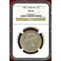 イギリス 1881年 1/2クラウン 銀貨 ヴィクトリア ヤングヘッド NGC MS63