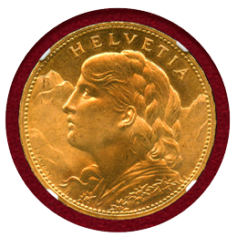 【SOLD】スイス 1925B 100フラン 金貨 ブレネリ NGC MS65+