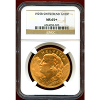 【SOLD】スイス 1925B 100フラン 金貨 ブレネリ NGC MS65+