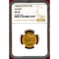 【SOLD】スペイン 1868年 10エスクード 金貨 イサベル2世 NGC MS64