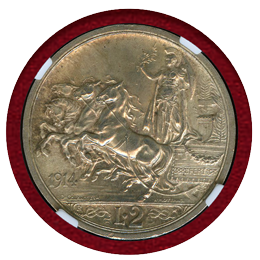 【SOLD】イタリア 1914R 2リレ 銀貨 エマヌエレ3世 クァドリガ NGC MS63