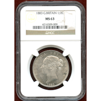 イギリス 1883年 1/2クラウン 銀貨 ヴィクトリア ヤングヘッド NGC MS63