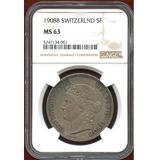 スイス 1908年 女神ヘルベティア 5フラン 銀貨 NGC MS63