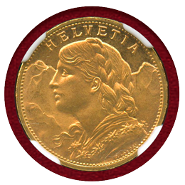 【SOLD】スイス 1916B 20フラン 金貨 アルプスと少女(ヘルベティア) NGC MS65