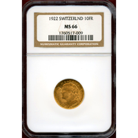 スイス 1922年 10フラン 金貨 アルプスと少女 NGC MS66