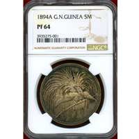 独領ニューギニア 1894A 5マルク 銀貨 極楽鳥 NGC PF64