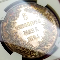 独領ニューギニア 1894A 5マルク 銀貨 極楽鳥 NGC PF64